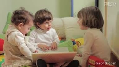幼儿和几岁的女孩在幼儿园玩电脑的多个镜头